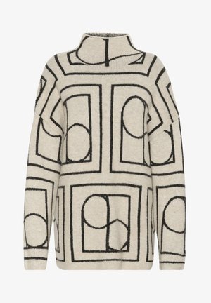 Pleteni pulover v svetlo bež barvi z črnimi geometrijskimi vzorci, z visokim ovratnikom, ohlapnim krojem in strukturirano tkanino za dodatno toploto.