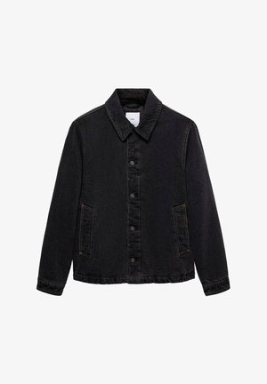 Black denim jacket with a pointed collar, front button closure, and two side pockets. Features contrasting stitching and a relaxed fit.