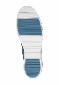 Blue athletic shoe sole with horizontal grooves, white midsole, and textured rubber for traction. Features a rounded heel and arch support.