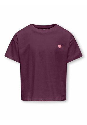 Short-sleeve, crew-neck t-shirt in dark purple cotton, featuring a small pink heart embroidered on the left chest area.