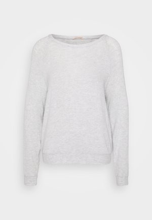 Grey long-sleeve pullover sweater made from a soft, lightweight fabric with a rounded neckline and ribbed hem, featuring a relaxed fit throughout.
