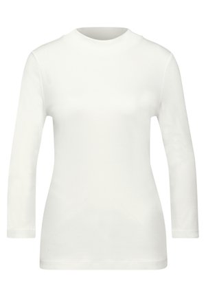 Camicia bianca a maniche lunghe con collo alto e design aderente, realizzata in tessuto leggero e morbido, senza motivi o dettagli visibili.