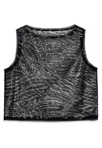 Top sin mangas negro con lentejuelas, que presenta un patrón de olas, una textura transparente y un dobladillo recto. El escote es redondeado.