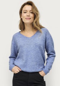 Hellblaue V-Ausschnitt-Strickjacke aus weichem Strickmaterial mit langen Ärmeln und gerippten Bündchen, mit einem lässigen Schnitt.