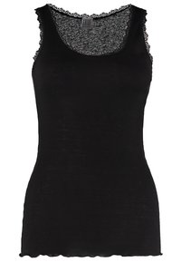 Zwarte geribbelde tanktop met gegolfde kantafwerking langs de halslijn en armopeningen. Gemaakt van zachte, rekbare stof voor comfort.