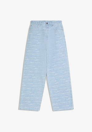 Light blue wide-leg denim jeans with subtle textured pattern, front pockets, button closure, and belt loops, displayed flat on white background.