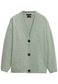 Soft green cardigan with V-neck, long sleeves, and three black buttons down the front, made of smooth knit fabric.