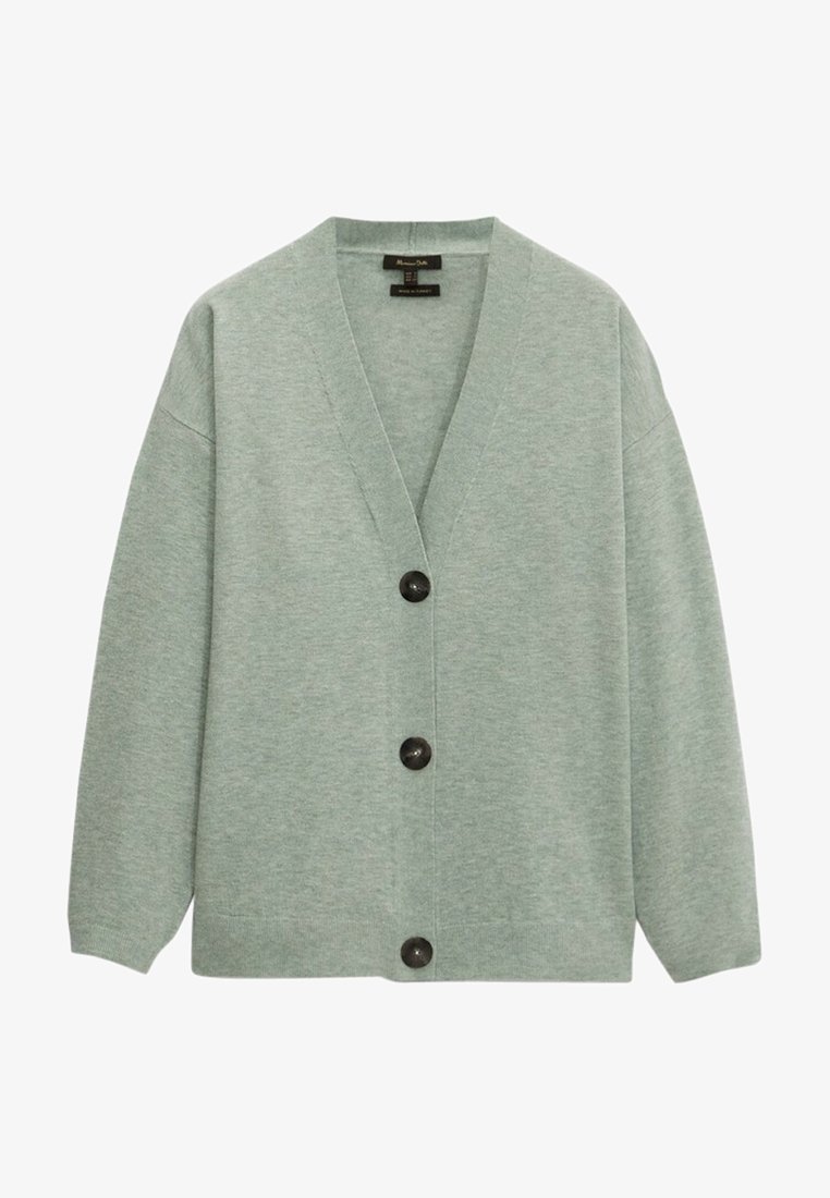 Soft green cardigan with V-neck, long sleeves, and three black buttons down the front, made of smooth knit fabric.