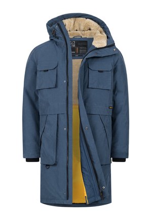 Blauwe parka-jas met een zachte beige fleece voering, twee borstzakken en een felgele binnenkant, met een capuchon en elastische manchetten.