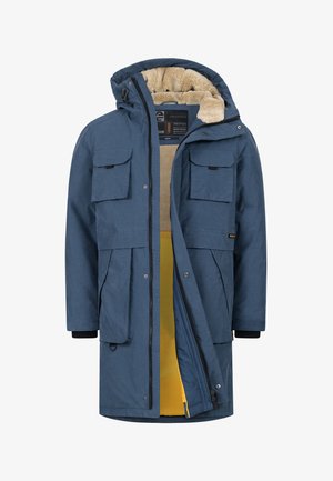 Blaues Parka-Jackett mit einem weichen beigefarbenen Fleecefutter, zwei Brusttaschen und einem leuchtend gelben Innenfutter, ausgestattet mit einer Kapuze und elastischen Bündchen.