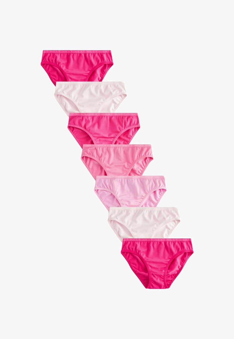 Set of seven women's panties in varying shades of pink and white. Made from smooth fabric, featuring a classic brief cut and elastic waistbands.