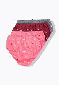 Set van drie dames katoen slips in roze, bordeauxrood en grijs, met bloemenprint en elastische tailleband voor comfort.