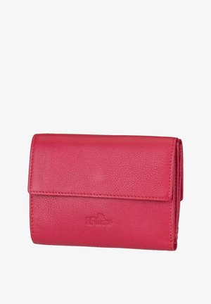 Portafoglio in pelle rossa con finitura testurizzata, dotato di un cappuccio pieghevole e protezione RFID. Design compatto con dettagli di cucitura.