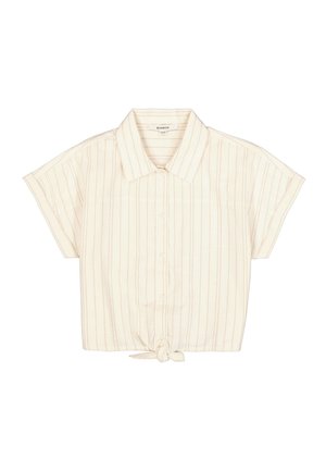 Lichtgewicht, korte mouwen overhemd in off-white met subtiele verticale strepen en een geknoopte knoop aan de zoom. Katoenmengsel stof.