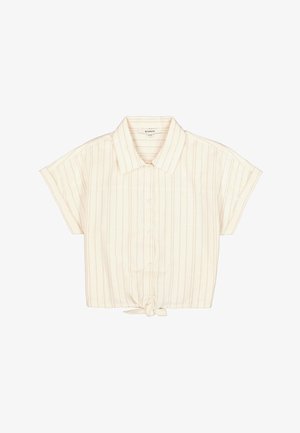 Camisa ligera de manga corta con botones en color blanco hueso con sutiles rayas verticales y un nudo anudado en el dobladillo. Tela de mezcla de algodón.