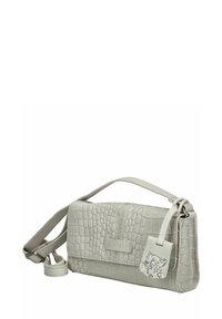 Šedá crossbody taška s embosovaným motivem krokodýla, plochým designem, nastavitelným popruhem a dekorativní visačkou s ilustrací leopardí.