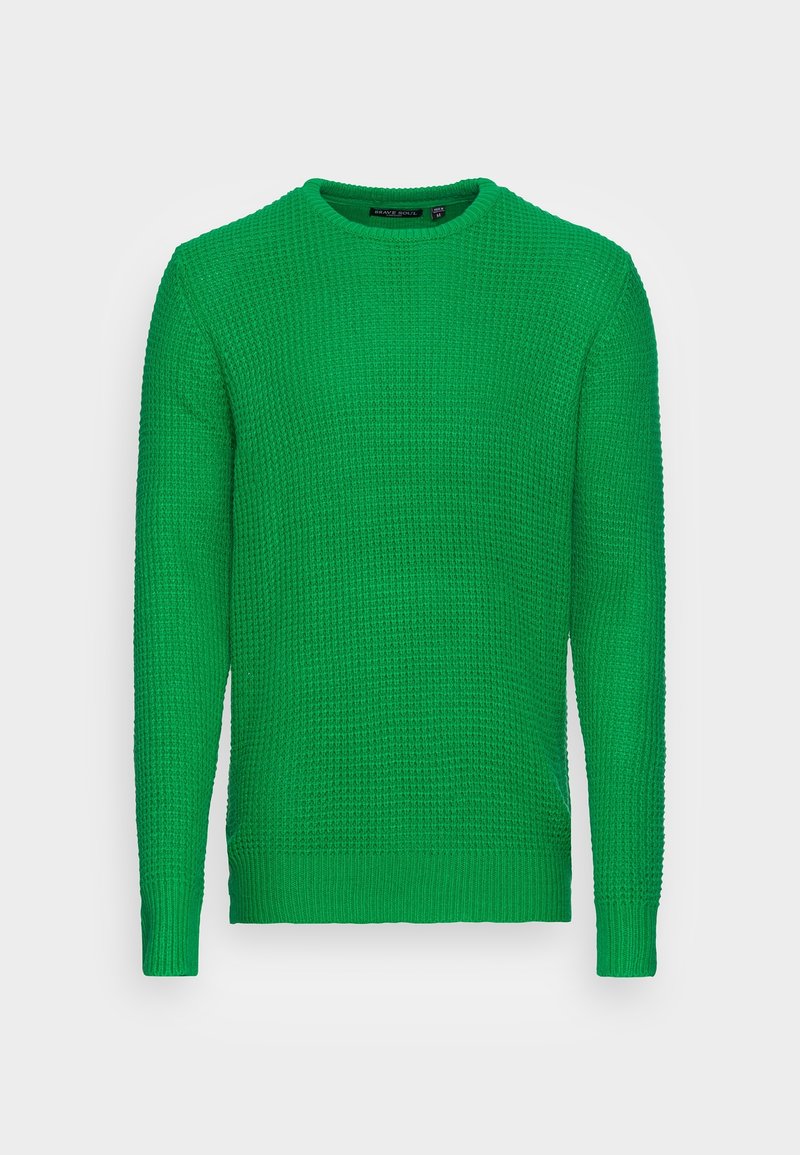 Pull tricoté vert vif avec un motif gaufré texturé, manches longues et col rond.