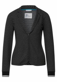 Černý blejzr s texturovaným geometrickým vzorem, zapínání na jeden knoflík a kontrastní manžety. Má klopový límec a dlouhé rukávy.