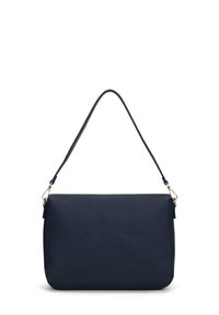 Borsa a tracolla in pelle blu con superficie liscia, forma rettangolare e una sola tracolla. Caratterizzata da accessori in metallo dorato.