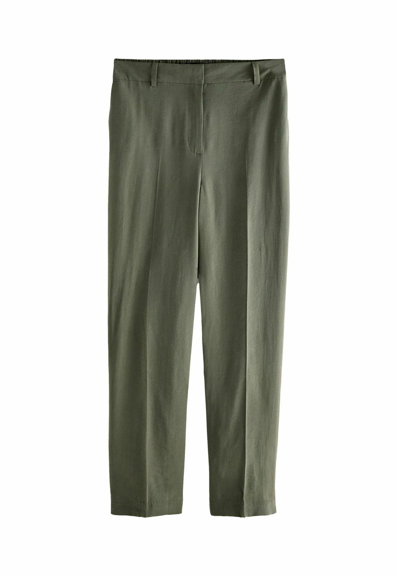 Olijfgroene, lichte broeken met een recht model, voorzien van een gladde textuur en een elastische tailleband voor extra comfort.