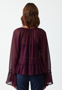 Blusa viola trasparente con maniche lunghe a campana e orlo a volant. Presenta un colletto arricciato e tessuto a strati per un aspetto leggero.