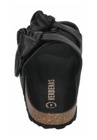 Black leather slide sandal with a gathered bow accent, cork sole, open heel design, and smooth textured footbed. Brand name featured inside.