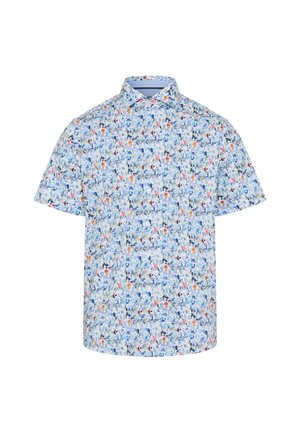 Kortærmet skjorte med knapper foran, med et flerfarvet abstrakt blomstermønster i blå, orange og grå toner på hvid baggrund.