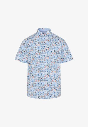 Kurzärmeliges Hemd mit Knopfleiste und einem mehrfarbigen abstrakten Blumenmuster in Blau-, Orange- und Grautönen auf weißem Hintergrund.