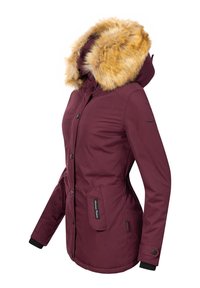 Maroon parka jacket with a faux fur hood. Features button closure, side pockets, and ribbed cuffs. Made of smooth, weather-resistant fabric.