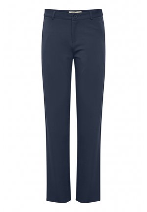 Pantalons bleu marine en tissu lisse, avec une coupe droite, une fermeture à bouton à l'avant et des passants de ceinture standard.