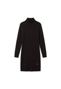 Robe noire en tricot côtelé à manches longues avec col roulé, fentes latérales et poignets ajustés, présentée à plat sur fond blanc.