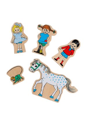 Five wooden puzzle pieces showing three children in colorful clothes, one child crawling, and a white horse with blue spots and hooves.