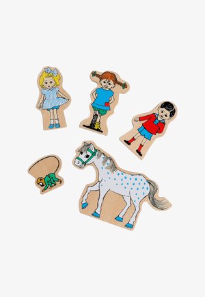 Vijf houten puzzelstukjes die drie kinderen in kleurrijke kleding tonen, één kruipend kind en een wit paard met blauwe vlekken en hoeven.