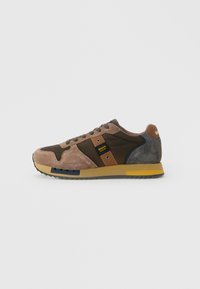 Brown and gray suede sneaker with yellow and black sole accents and "Blauer U.S.A." tag on side panel, shown in left profile.