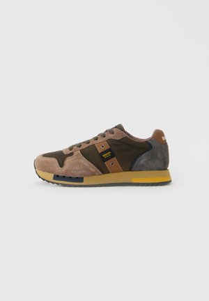 Brown and gray suede sneaker with yellow and black sole accents and "Blauer U.S.A." tag on side panel, shown in left profile.