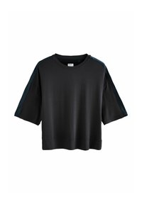 Black short-sleeve cropped T-shirt with dark gray stripes running from shoulders to sleeve ends, crew neckline.