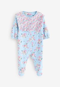 Light blue floral onesie with long sleeves, ruffled collar, and snap buttons at the front. Features floral patterns in pink, white, and purple.