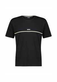 Schwarzes Baumwoll-T-Shirt mit Rundhalsausschnitt, kurzen Ärmeln und einem weißen und gelben horizontalen Streifen mit dem "BOSS"-Logo auf der Brust.