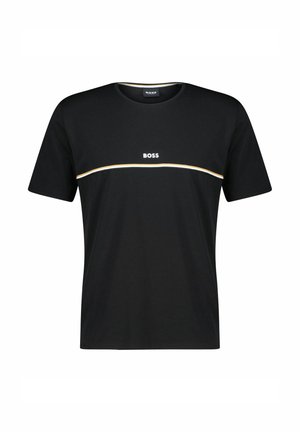 Black cotton T-shirt featuring a round neck, short sleeves, and a white and yellow horizontal stripe with the "BOSS" logo across the chest.
