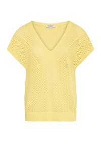 Top corto giallo lavorato a maglia con scollatura a V, caratterizzato da un design traforato e una finitura a costine. Materiale leggero e traspirante.