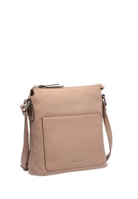 Borsa a tracolla in pelle beige con una finitura testurizzata, chiusura con zip, tracolla regolabile e una tasca frontale. Logo discreto sul davanti.