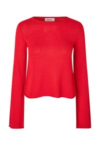 Red long-sleeve top in a ribbed knit fabric with a round neckline and a relaxed fit, featuring a cropped hem and no visible hardware.