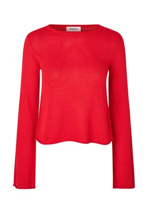 Rode lange mouwen top in een ribbeltricot stof met een ronde halslijn en een losse pasvorm, met een cropped zoom en zonder zichtbare hardware.
