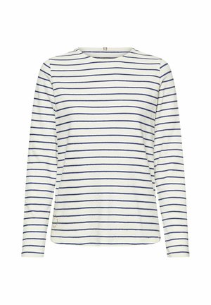 White long-sleeve shirt with horizontal navy blue stripes and a round neckline, displayed flat on a white background.
