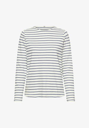 White long-sleeve shirt with horizontal navy blue stripes and a round neckline, displayed flat on a white background.