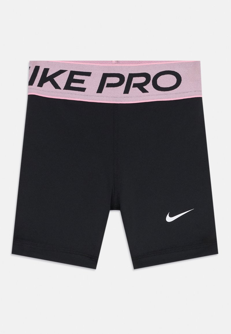 Must mustad lühikesed püksid musta värviga, roosa elastse vöökohtaga, millel on mustade tähtedega "NIKE PRO" ja valge Nike logo ees.