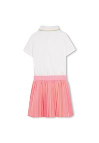 Φόρεμα με κοντά μανίκια, λευκό τοπ και ροζ πλισέ φούστα. Διαθέτει γιακά με πράσινες και κίτρινες ρίγες. Ομαλή υφή υφάσματος.
