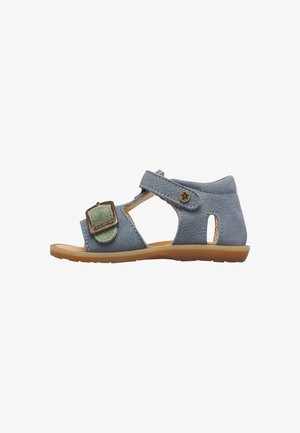 Sandalo per bambino color blu-grigio con cinturini regolabili in Velcro, fibbia in metallo e suola flessibile color marrone chiaro.