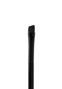 Black angled makeup brush with firm synthetic bristles, sleek handle, and smooth finish. Designed for precise application of products.