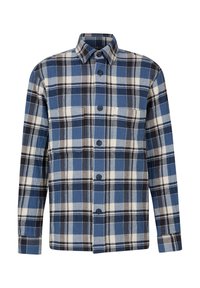 Blauwe geruite flanellen shirt met lange mouwen, met een knoopsluiting aan de voorkant, zwarte en witte accenten, en een klassiek kraagontwerp.
